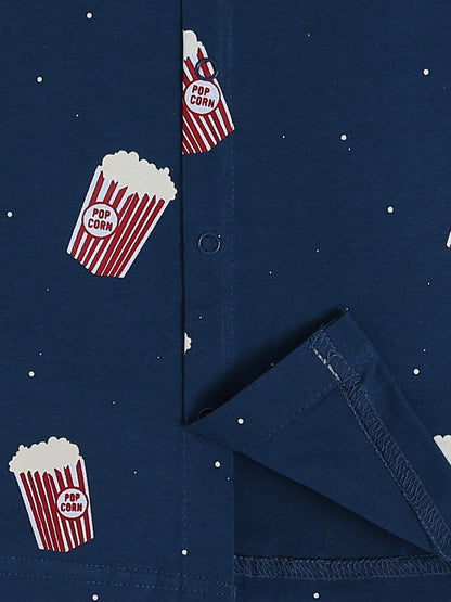 Popcorn Printed Blue Cotton Full Sleeve Night Suit