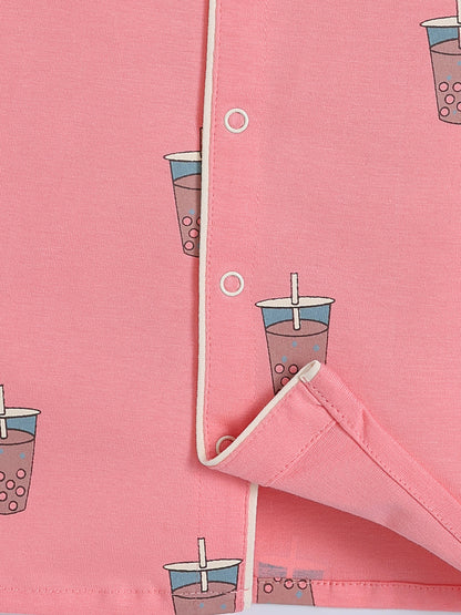 Pink Cotton Typography Full Sleeve Night Suit