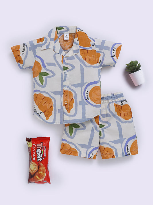 Off White Cotton Graphic Half Sleeve Co-ord Set