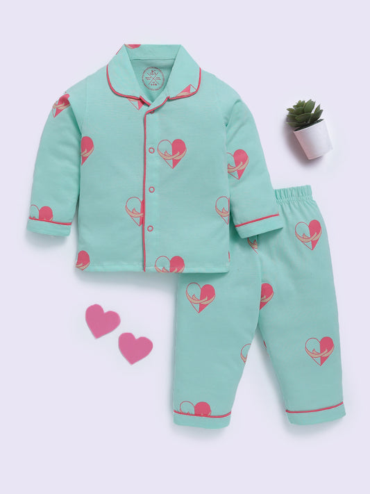 Hearts Theme Sea Green Cotton Full Sleeve Night Suit