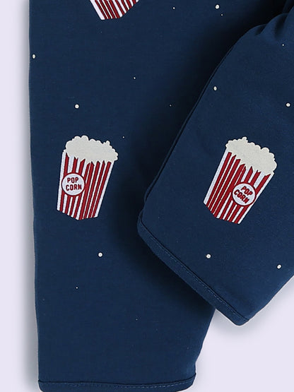 Popcorn Printed Blue Cotton Full Sleeve Night Suit
