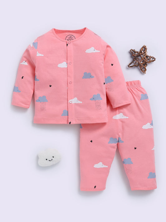 'Clouds' Pink Cotton Full Sleeve Night Suit