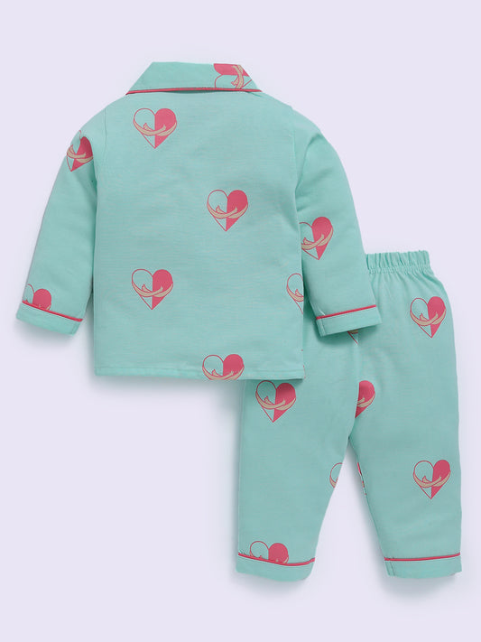 Hearts Theme Sea Green Cotton Full Sleeve Night Suit