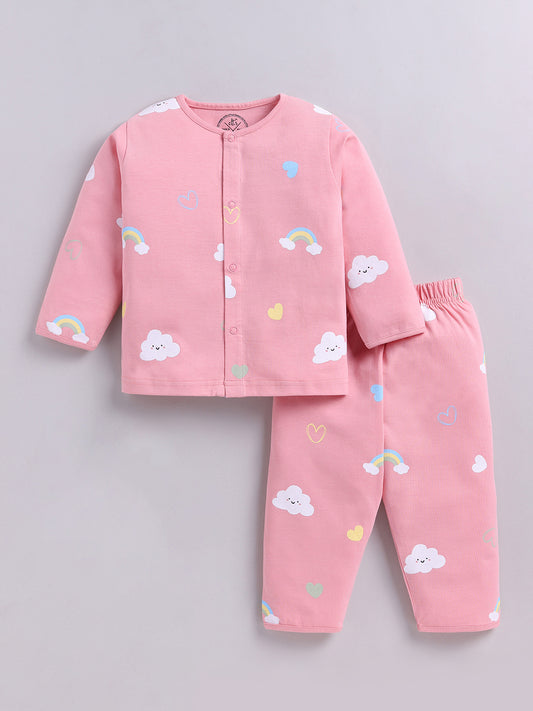Pink Graphic Cotton Full Sleeve Night Suit