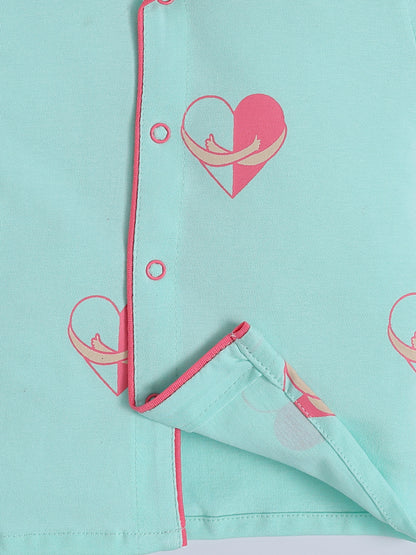 Hearts Theme Sea Green Cotton Full Sleeve Night Suit