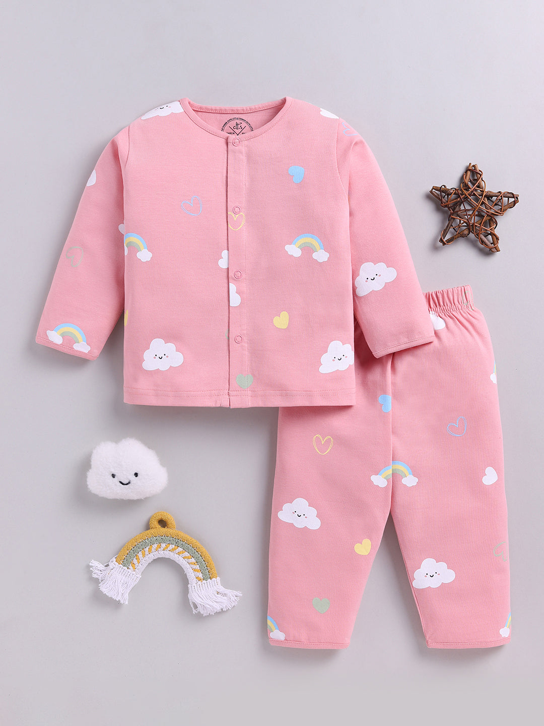 Pink Graphic Cotton Full Sleeve Night Suit