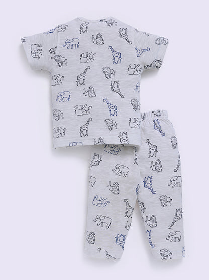 Off White Cotton Animal Print Half Sleeve Night Suit