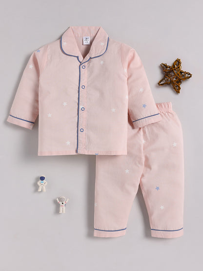 "Starry" Pink Cotton Full Sleeve Night Suit