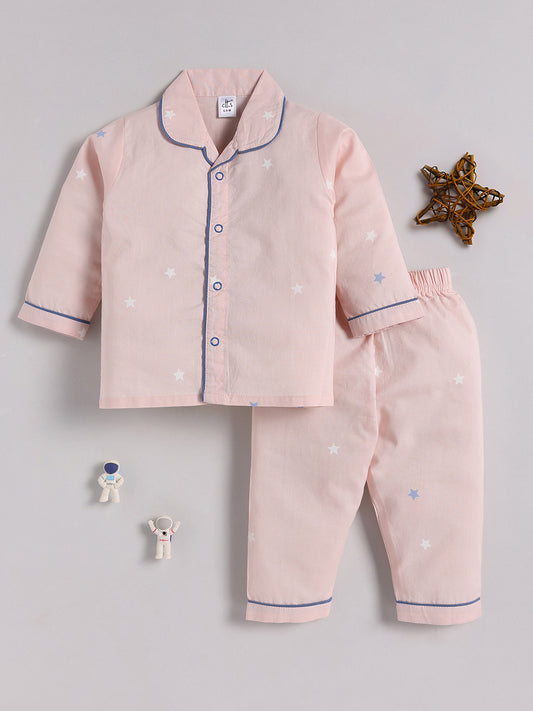 "Starry" Pink Cotton Full Sleeve Night Suit