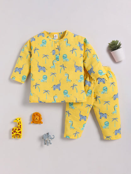 Yellow Cotton "Animal Kingdom" Full Sleeve Kurta Pyjama