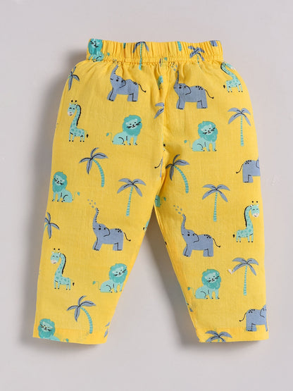 Yellow Cotton "Animal Kingdom" Full Sleeve Kurta Pyjama