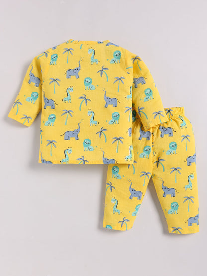 Yellow Cotton "Animal Kingdom" Full Sleeve Kurta Pyjama