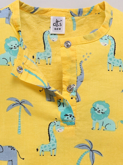 Yellow Cotton "Animal Kingdom" Full Sleeve Kurta Pyjama