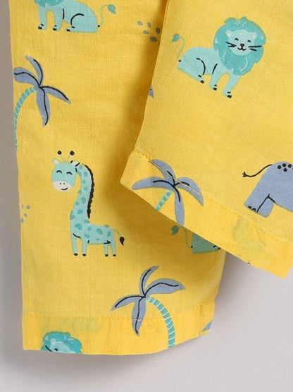 Yellow Cotton "Animal Kingdom" Full Sleeve Kurta Pyjama