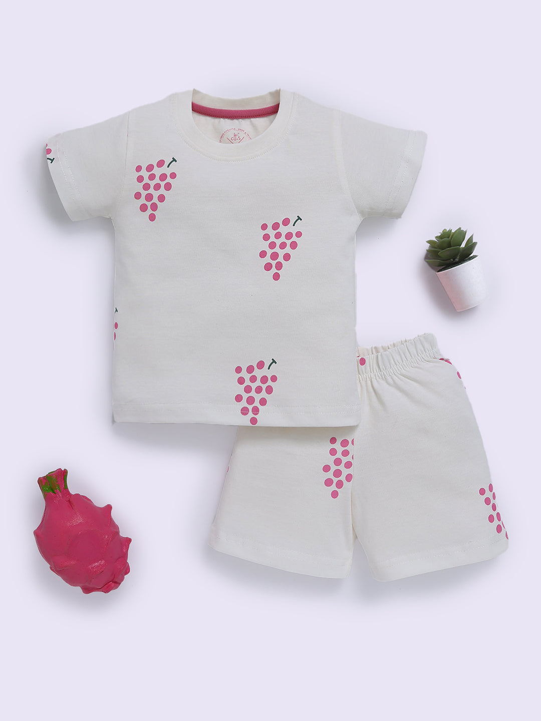 Off White "Grapes" Half Sleeve Cotton Co-ord Set