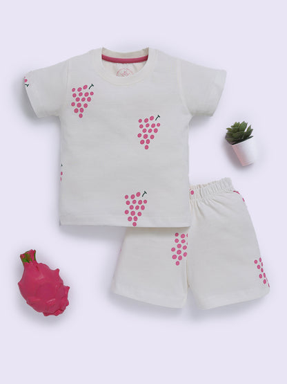 Off White "Grapes" Half Sleeve Cotton Co-ord Set