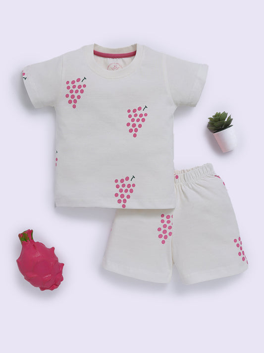 Off White "Grapes" Half Sleeve Cotton Co-ord Set