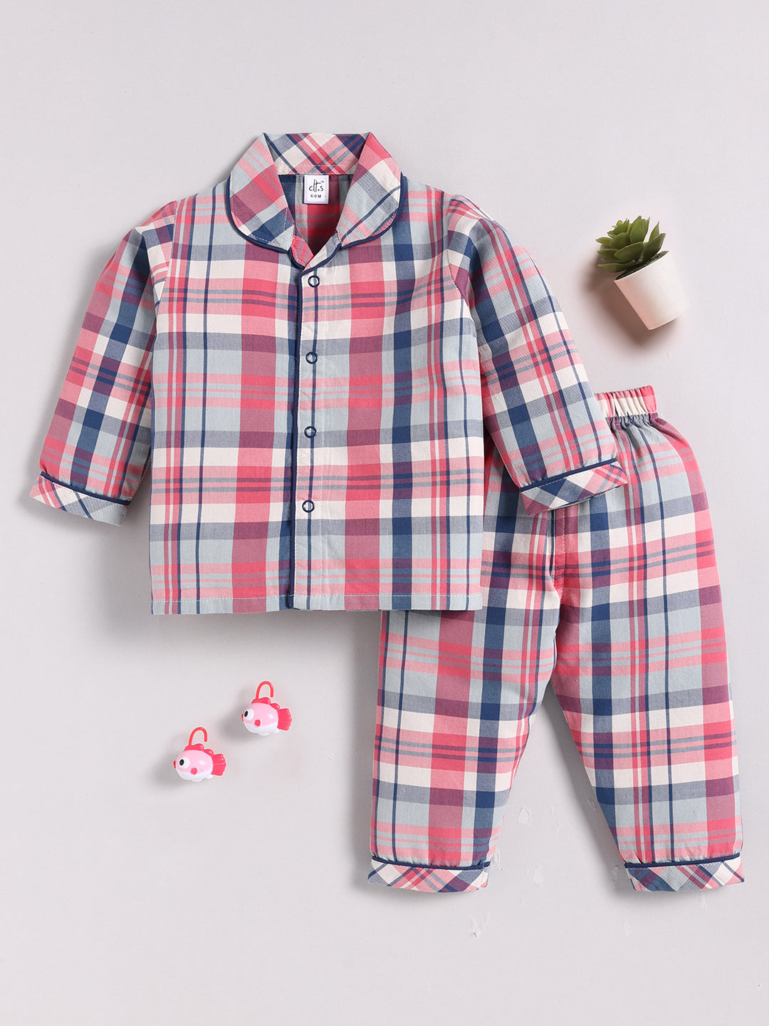 Blue Cotton Checked Full Sleeve Night Suit