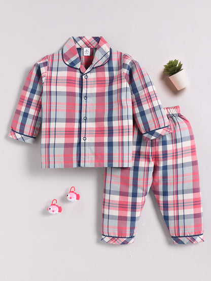 Blue Cotton Checked Full Sleeve Night Suit