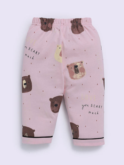 Pink Cotton Bear Print Full Sleeve Night Suit