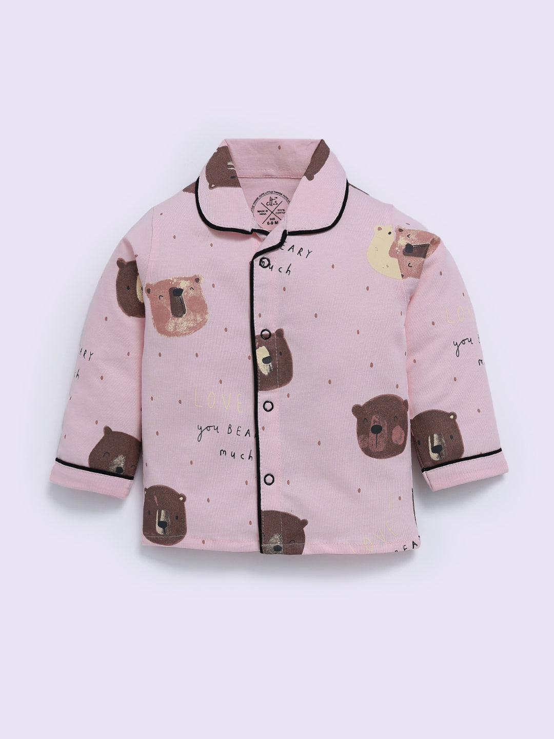 Pink Cotton Bear Print Full Sleeve Night Suit