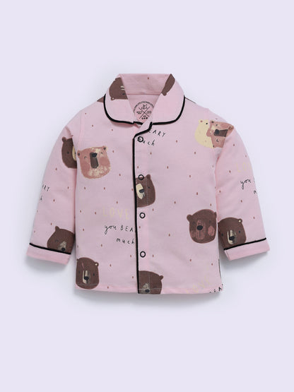 Pink Cotton Bear Print Full Sleeve Night Suit