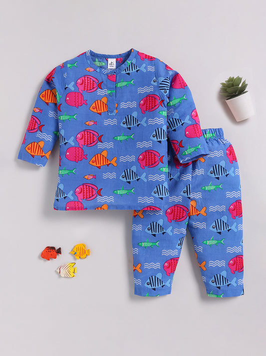 Blue Cotton Animal Print Kurta Pyjama Set