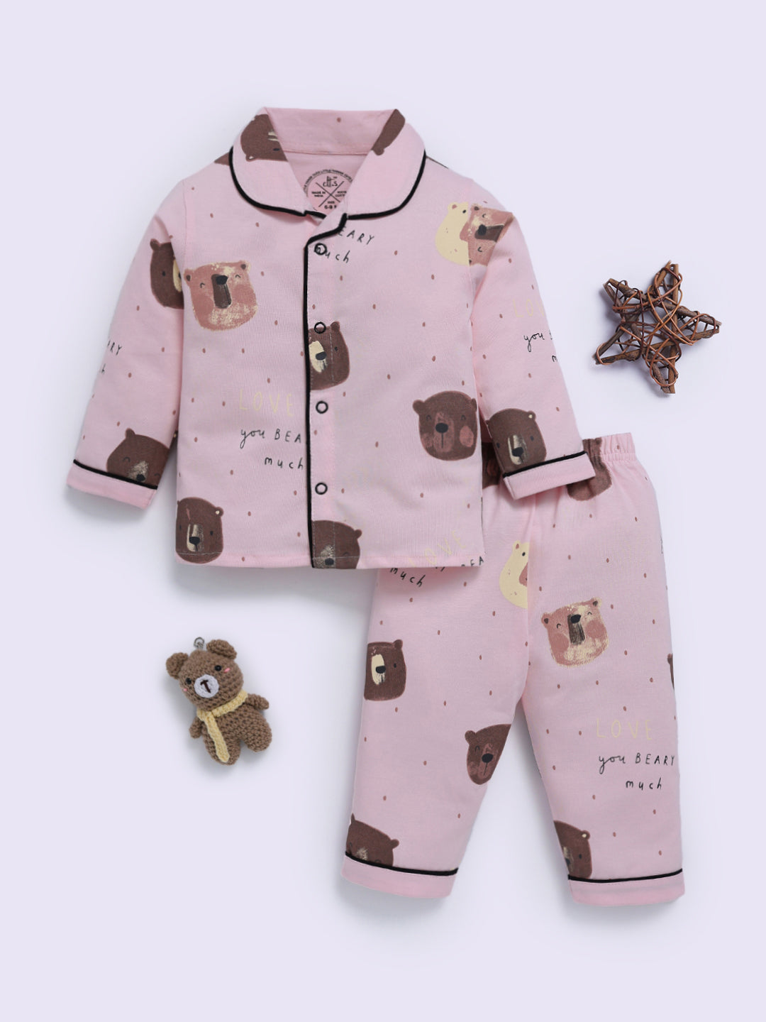 Pink Cotton Bear Print Full Sleeve Night Suit