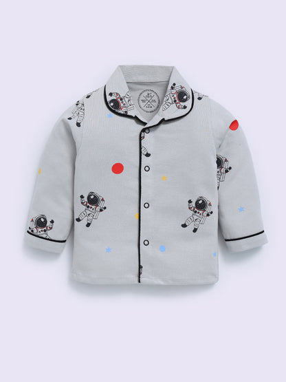 Space Theme Grey Cotton Full Sleeve Night Suit