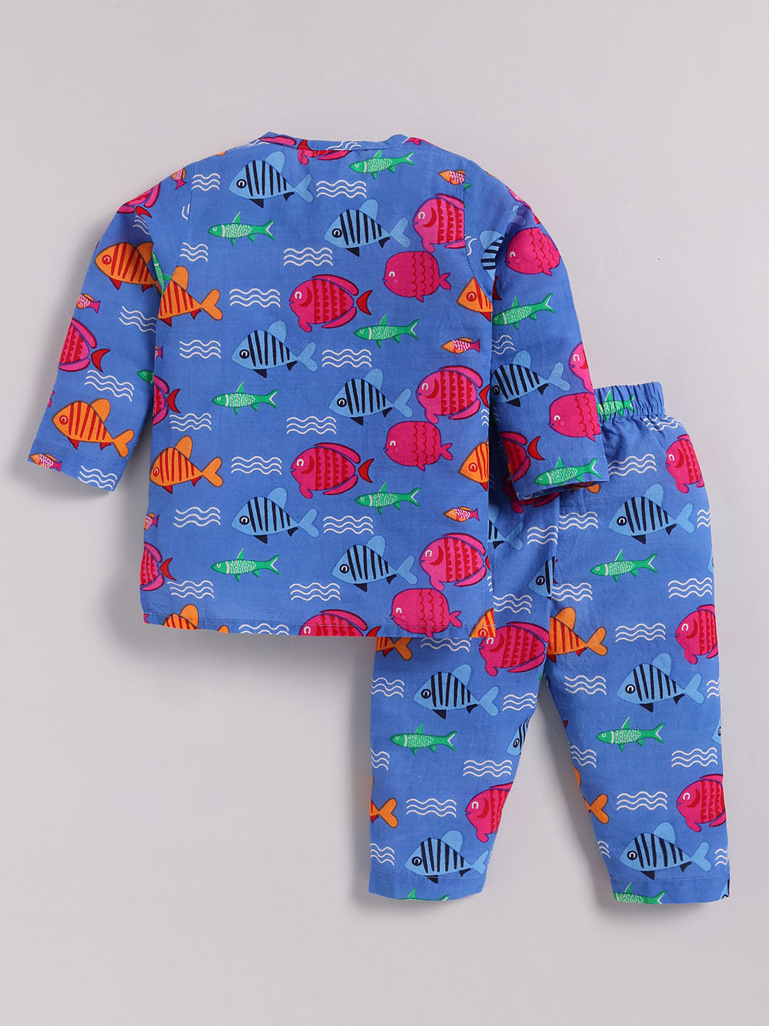 Blue Cotton Animal Print Kurta Pyjama Set