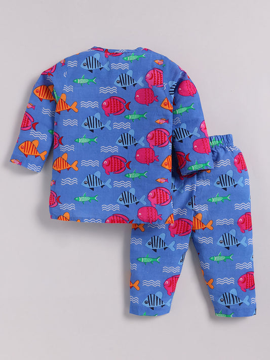 Blue Cotton Animal Print Kurta Pyjama Set