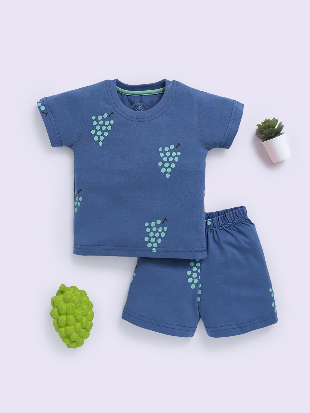 Blue "Grapes" Half Sleeve Cotton Co-ord Set