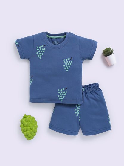 Blue "Grapes" Half Sleeve Cotton Co-ord Set