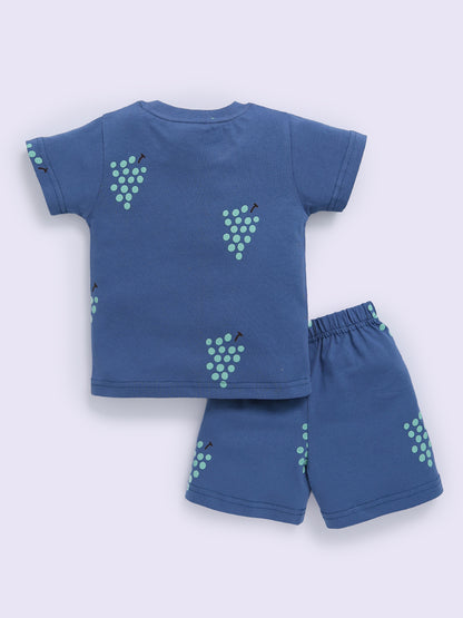 Blue "Grapes" Half Sleeve Cotton Co-ord Set