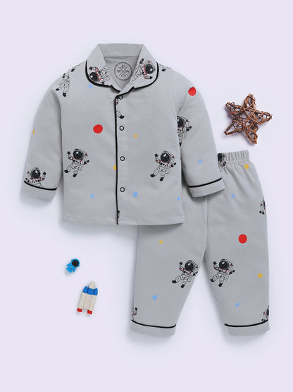 Space Theme Grey Cotton Full Sleeve Night Suit