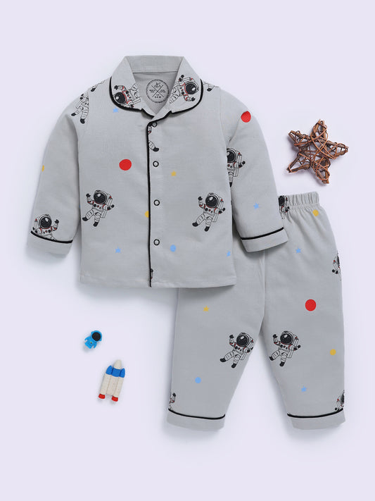 Space Theme Grey Cotton Full Sleeve Night Suit
