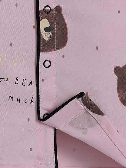 Pink Cotton Bear Print Full Sleeve Night Suit