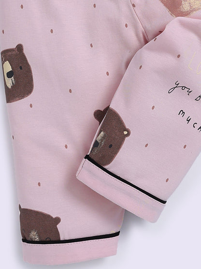 Pink Cotton Bear Print Full Sleeve Night Suit