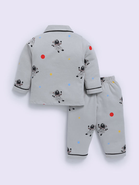 Space Theme Grey Cotton Full Sleeve Night Suit