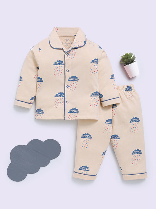'Clouds' Beige Cotton Full Sleeve Night Suit