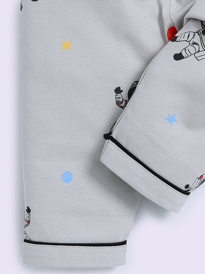 Space Theme Grey Cotton Full Sleeve Night Suit