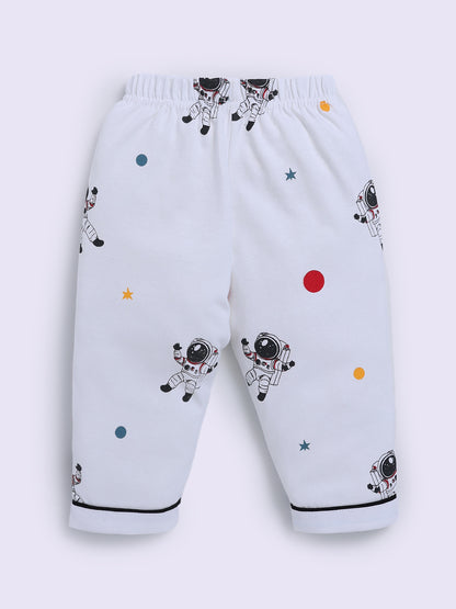 Space Theme White Cotton Full Sleeve Night Suit