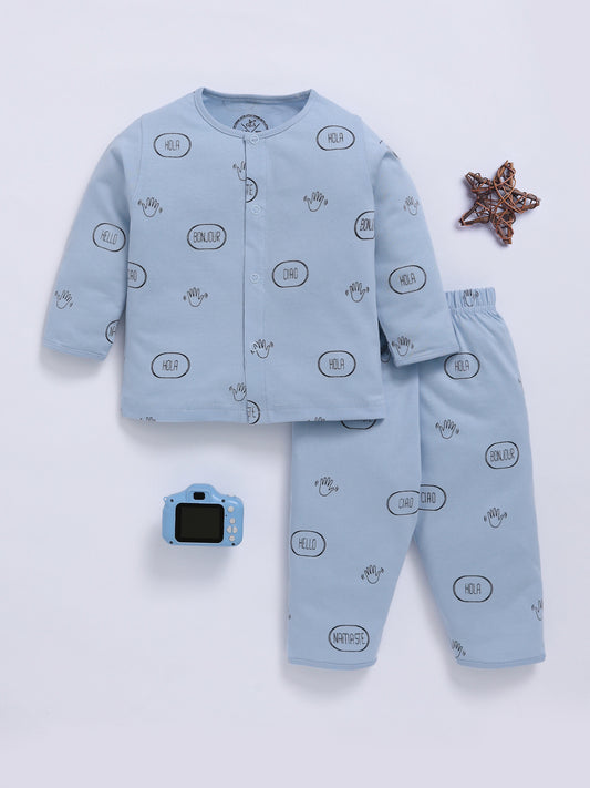 Blue Cotton Typography Full Sleeve Night Suit
