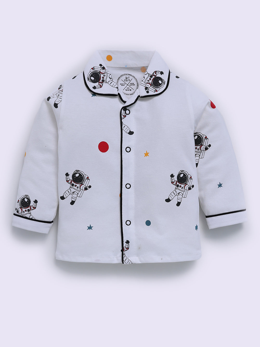 Space Theme White Cotton Full Sleeve Night Suit