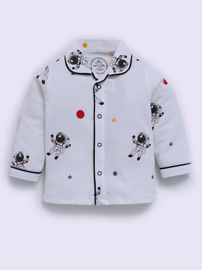 Space Theme White Cotton Full Sleeve Night Suit