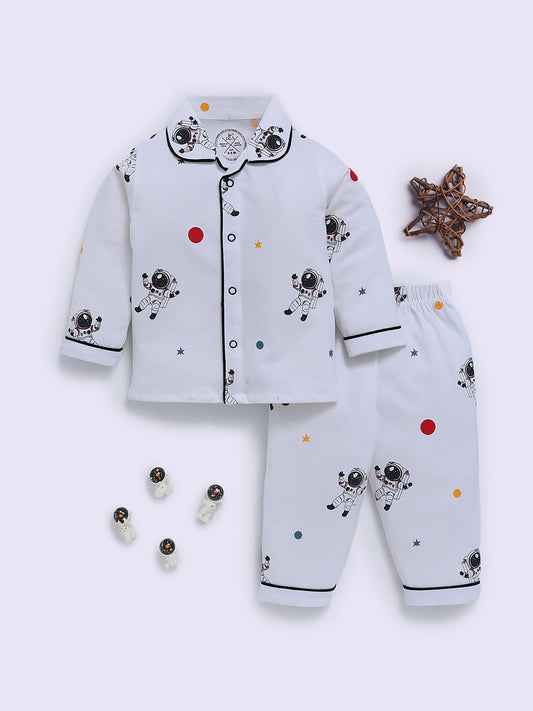 Space Theme White Cotton Full Sleeve Night Suit