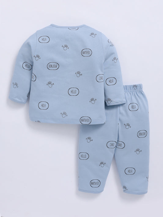 Blue Cotton Typography Full Sleeve Night Suit