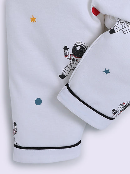 Space Theme White Cotton Full Sleeve Night Suit