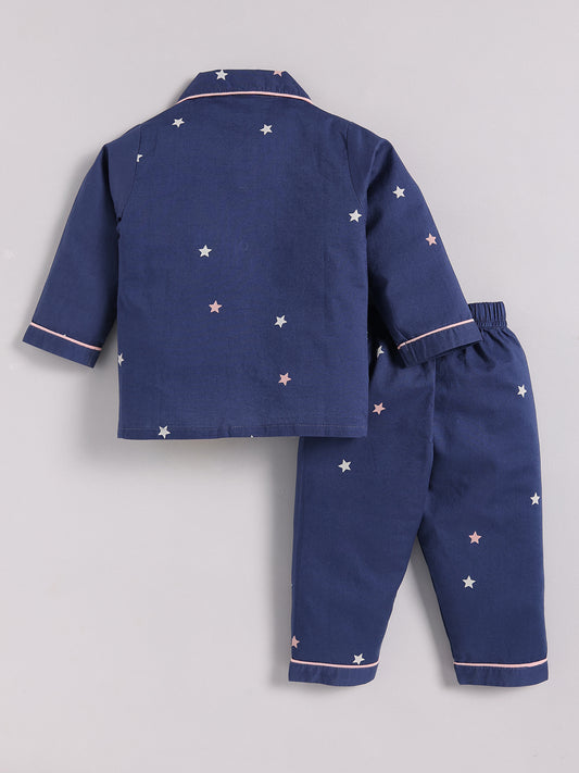 "Starry" Blue Cotton Full Sleeve Night Suit