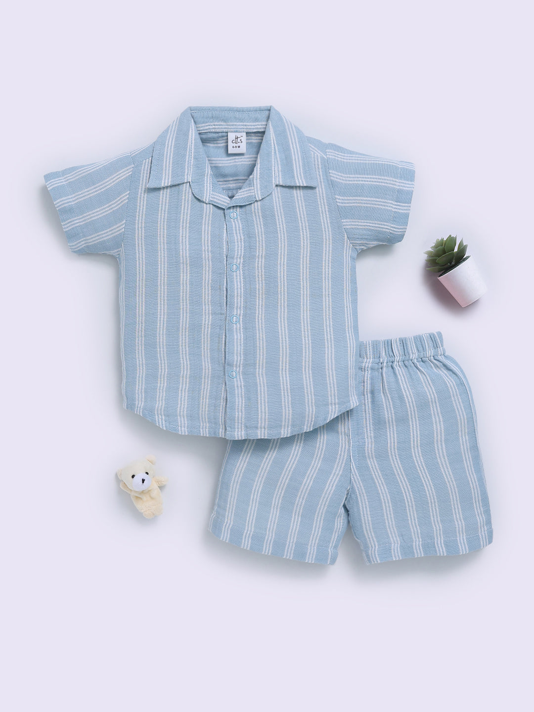 Blue Cotton Striped Half Sleeve Co-ord Set